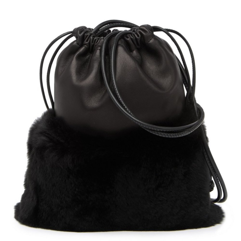 NEW Alexander Wang Black Leather Rabbit Fur Shoulder Strap Drawstring Ryan Bag